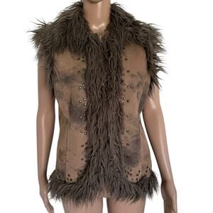 VTG Afghan Penny Lane Embellished Stud Faux Fur Shearling Vest S Tan Brown